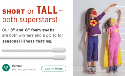 Images of short and long sterile foam swabs next to short and tall super heroes